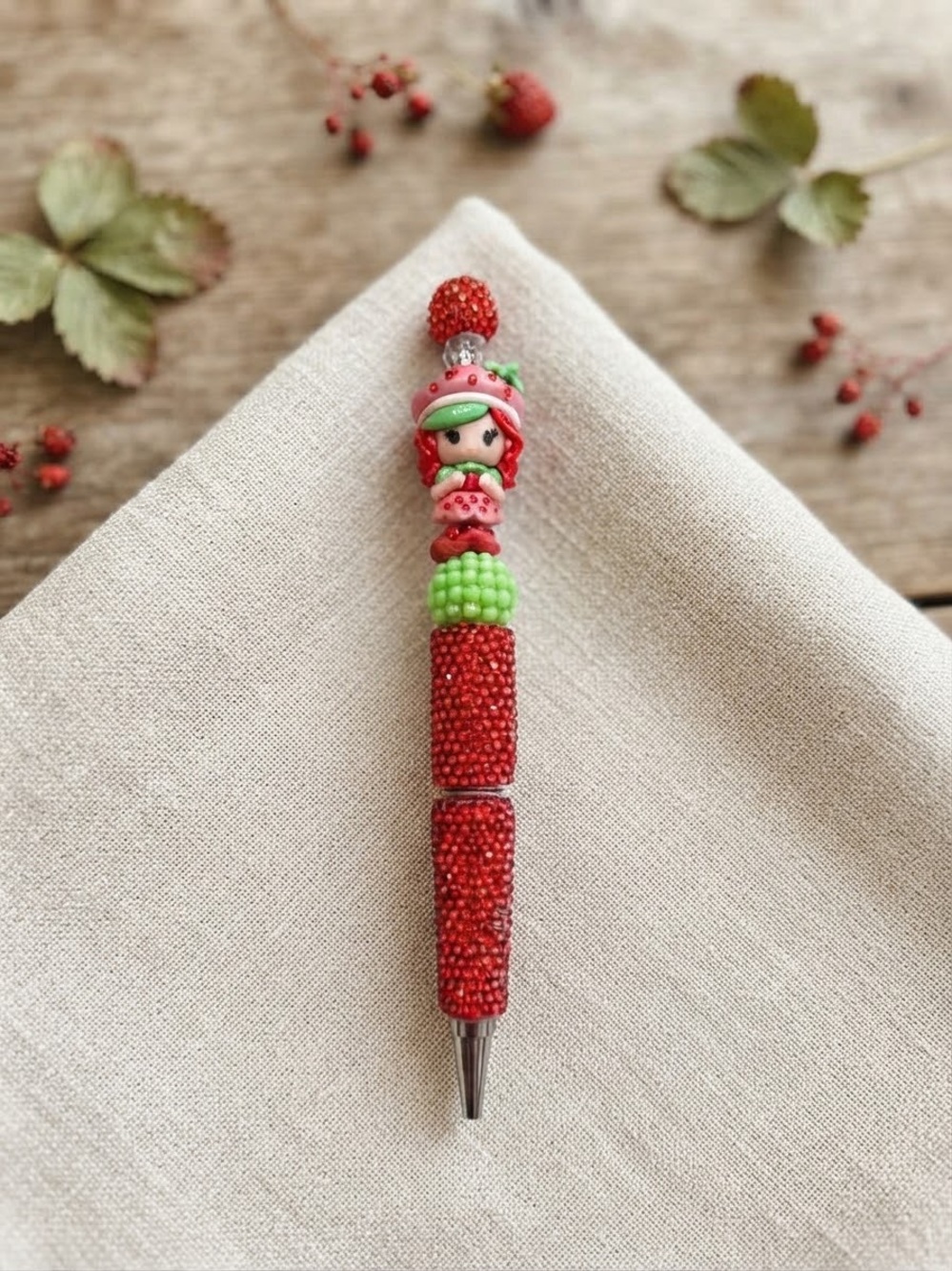 Cute Strawberry Beaded Kids Pen - Red & Green